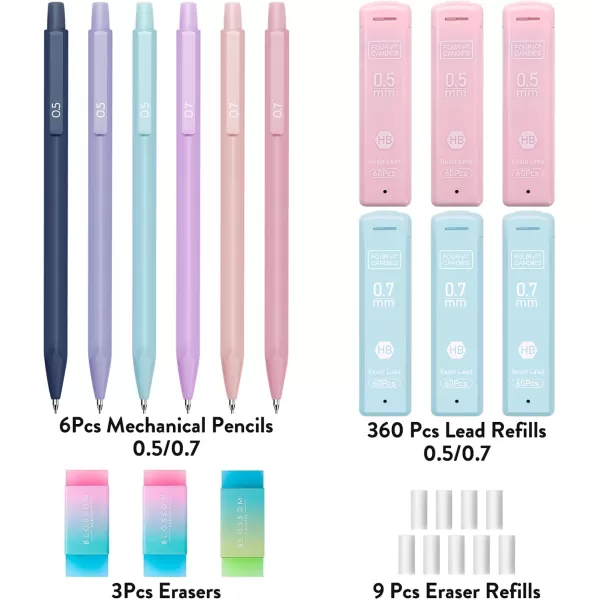 imageFour Candies Cute Mechanical Pencil Set 6PCS Pastel Mechanical Pencils 05mm ampamp 07mm with 360PCS HB Pencil Leads  25PCS Art Mechanical Pencil Set with Case 3PCS Metal Artist Lead Pencil