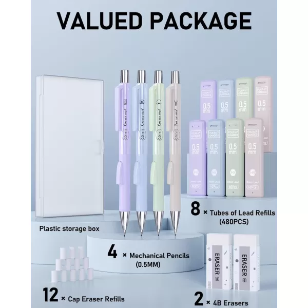 imageFour Candies Cute Mechanical Pencil Set with Case 4PCS 05mm Pastel Fast Click Aesthetic Mechanical Pencils with 480PCS HB Lead Refills 2 Erasers 12 Eraser Refills School Supplies for Girls Writing05MM