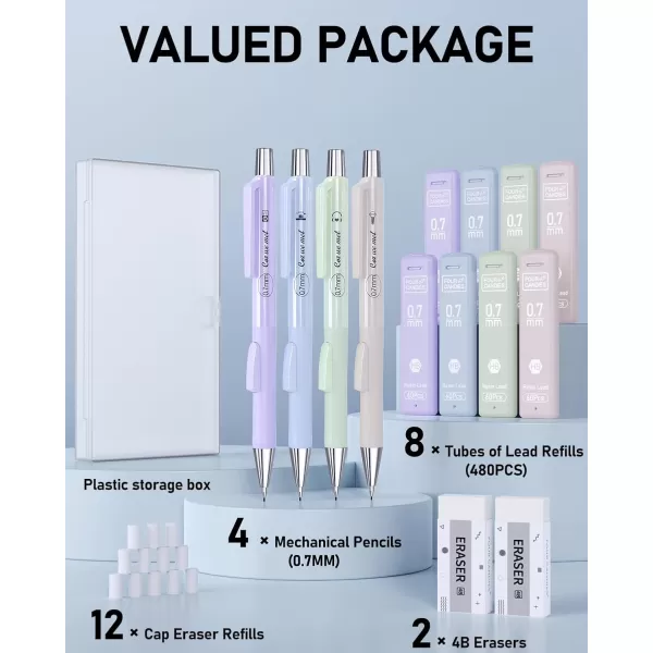 imageFour Candies Cute Mechanical Pencil Set with Case 4PCS 05mm Pastel Fast Click Aesthetic Mechanical Pencils with 480PCS HB Lead Refills 2 Erasers 12 Eraser Refills School Supplies for Girls Writing07MM