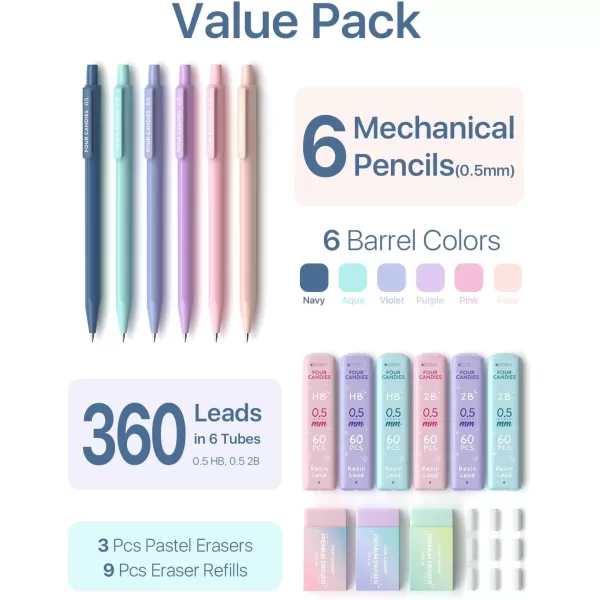 imageFour Candies Mechanical Pencils 07mm with HB ampamp 2B Lead Refills 07 Pastel Eraser Set ampamp Eraser Refills 16Count Pack with Case Cute Aesthetic School Supplies for Writing Drawing and Sketching6PCS 05 mm