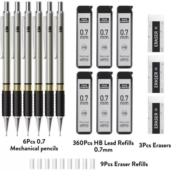 imageFour Candies Metal Mechanical Pencil Set  6PCS 09mm Art Mechanical Pencils ampamp 360PCS HB Lead Refills ampamp 3PCS Erasers ampamp 9PCS Eraser Refills Drawing Mechanical Pencils for Writing Sketching With Case07mm