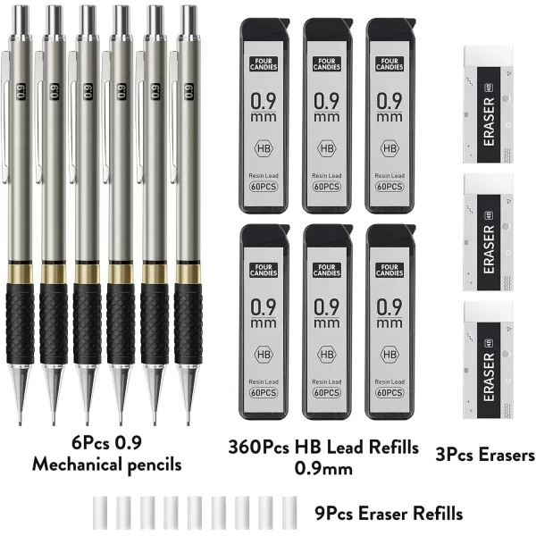 imageFour Candies Metal Mechanical Pencil Set  6PCS 09mm Art Mechanical Pencils ampamp 360PCS HB Lead Refills ampamp 3PCS Erasers ampamp 9PCS Eraser Refills Drawing Mechanical Pencils for Writing Sketching With Case09mm