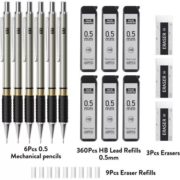 imageFour Candies Metal Mechanical Pencil Set  6PCS 09mm Art Mechanical Pencils ampamp 360PCS HB Lead Refills ampamp 3PCS Erasers ampamp 9PCS Eraser Refills Drawing Mechanical Pencils for Writing Sketching With Case05mm