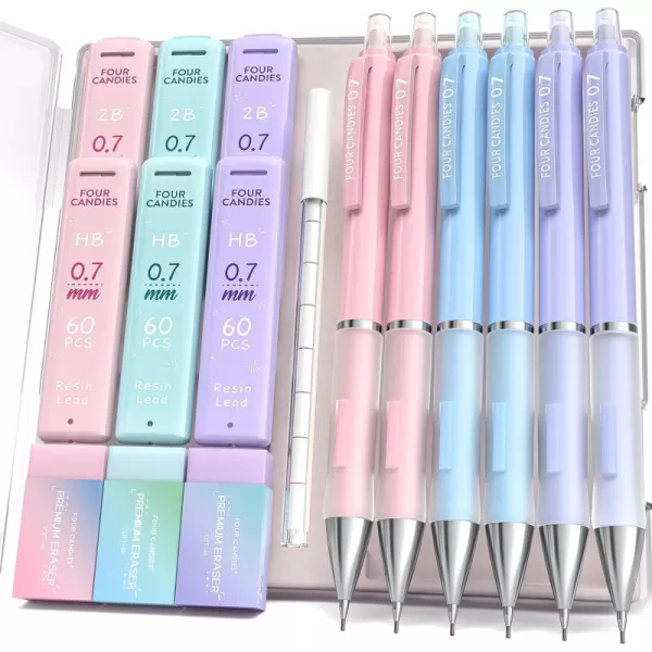 imageFour Candies 07mm Mechanical Pencil Set  6PCS Cute Pencils with 360PCS HB ampamp 2B Lead Refills 3PCS Pastel Erasers and 9PCS Eraser Refills Aesthetic School Supplies for Student Writing Drawing07 mm