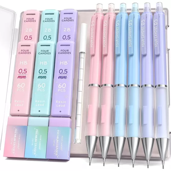 imageFour Candies 07mm Mechanical Pencil Set  6PCS Cute Pencils with 360PCS HB ampamp 2B Lead Refills 3PCS Pastel Erasers and 9PCS Eraser Refills Aesthetic School Supplies for Student Writing Drawing05 mm