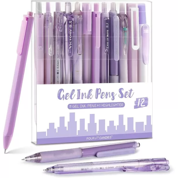 imageFour Candies 12Pack Pastel Gel Ink Pen Set 11 Pack Black Ink Pens with 1Pack Highlighter for Writing Retractable 05mm Fine Point Note Taking Pens for School Office BrownPurple