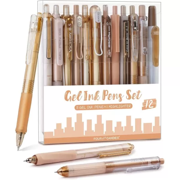 imageFour Candies 12Pack Pastel Gel Ink Pen Set 11 Pack Black Ink Pens with 1Pack Highlighter for Writing Retractable 05mm Fine Point Note Taking Pens for School Office BrownBrown