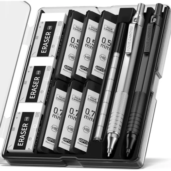 imageFour Candies 2PCS Metal Mechanical Pencils Set with Case 05mm ampamp 07 mm Artist Pencil with 6 Tubes 360PCS HB Lead Refills 3 Erasers9 Eraser Refills For Writing Drafting Drawing BlackampampSilverSilverBlack 2PCS