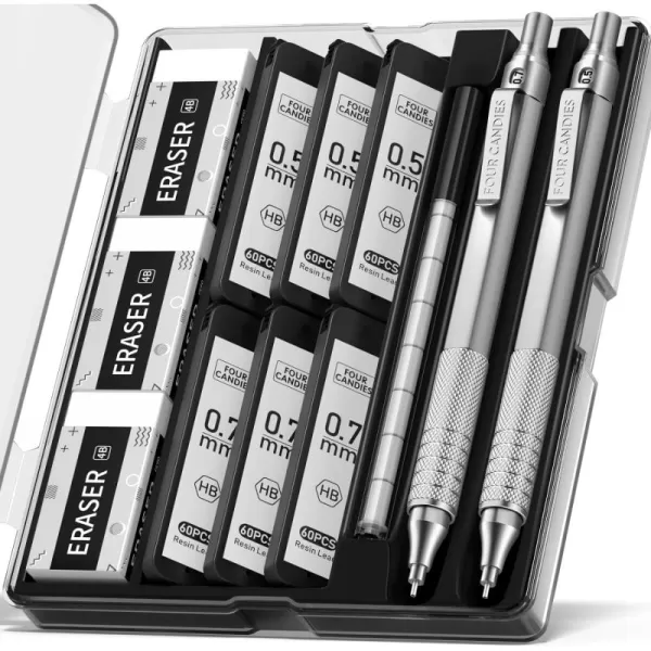 imageFour Candies 2PCS Metal Mechanical Pencils Set with Case 05mm ampamp 07 mm Artist Pencil with 6 Tubes 360PCS HB Lead Refills 3 Erasers9 Eraser Refills For Writing Drafting Drawing BlackampampSilverSilver