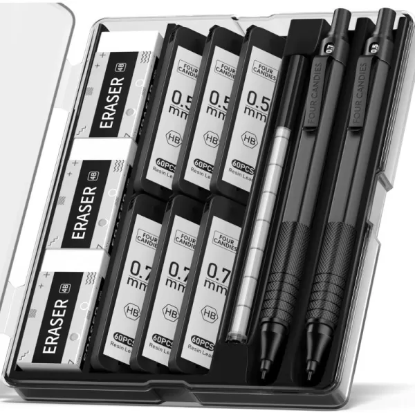 imageFour Candies 2PCS Metal Mechanical Pencils Set with Case 05mm ampamp 07 mm Artist Pencil with 6 Tubes 360PCS HB Lead Refills 3 Erasers9 Eraser Refills For Writing Drafting Drawing BlackampampSilverBlack