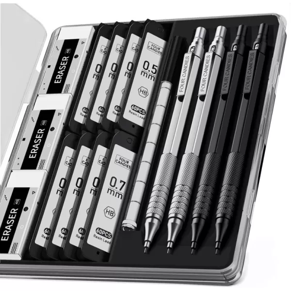 imageFour Candies 2PCS Metal Mechanical Pencils Set with Case 05mm ampamp 07 mm Artist Pencil with 6 Tubes 360PCS HB Lead Refills 3 Erasers9 Eraser Refills For Writing Drafting Drawing BlackampampSilverSilverBlack 4PCS