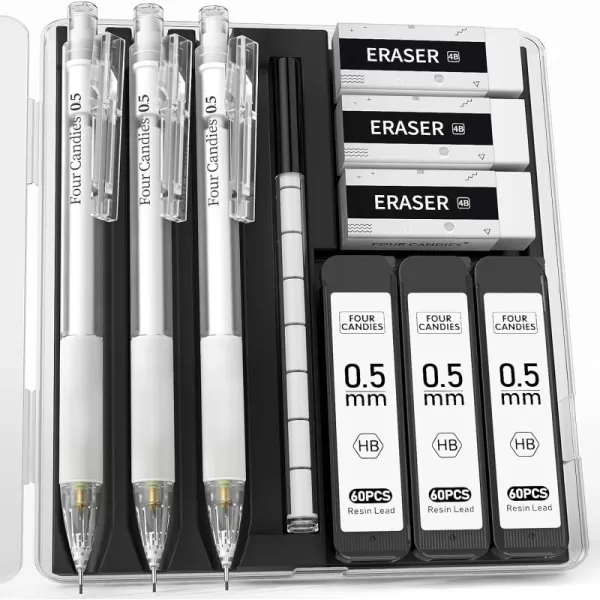 imageFour Candies Cute Mechanical Pencil Set with Case  3PCS Pencils 07mm with 180PCS HB Lead Refills 3PCS Erasers 9PCS Eraser Refills White Clear Mechanical Pencil for Students Drawing WritingWhite05MM