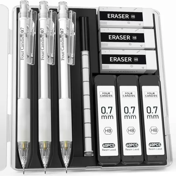 imageFour Candies Cute Mechanical Pencil Set with Case  3PCS Pencils 07mm with 180PCS HB Lead Refills 3PCS Erasers 9PCS Eraser Refills White Clear Mechanical Pencil for Students Drawing WritingWhite07MM