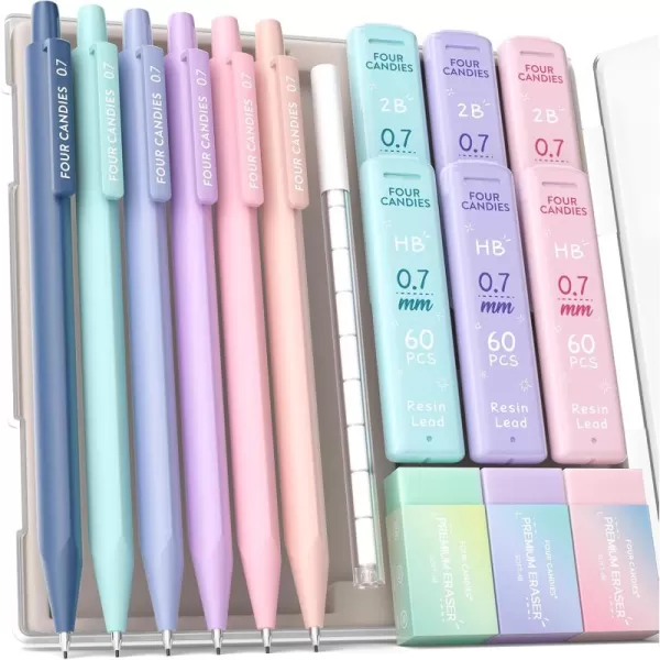 imageFour Candies Mechanical Pencils 07mm with HB ampamp 2B Lead Refills 07 Pastel Eraser Set ampamp Eraser Refills 16Count Pack with Case Cute Aesthetic School Supplies for Writing Drawing and Sketching6PCS 07 mm