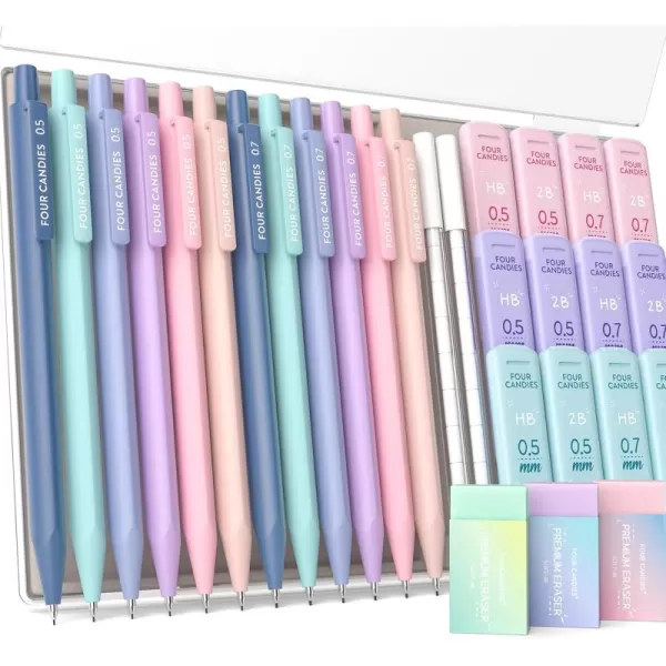 imageFour Candies Mechanical Pencils 07mm with HB ampamp 2B Lead Refills 07 Pastel Eraser Set ampamp Eraser Refills 16Count Pack with Case Cute Aesthetic School Supplies for Writing Drawing and Sketching12PCS 05  07 mm