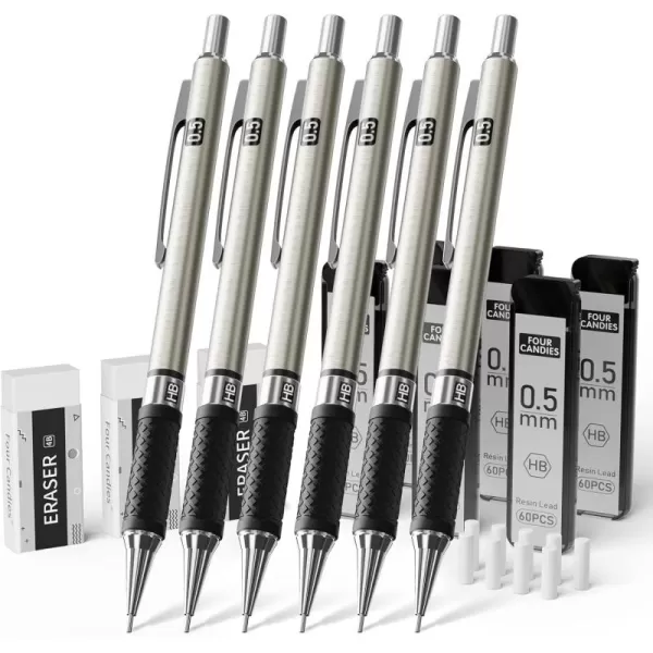 imageFour Candies Metal Mechanical Pencil Set  6PCS 09mm Art Mechanical Pencils ampamp 360PCS HB Lead Refills ampamp 3PCS Erasers ampamp 9PCS Eraser Refills Drawing Mechanical Pencils for Writing Sketching With Case05mm