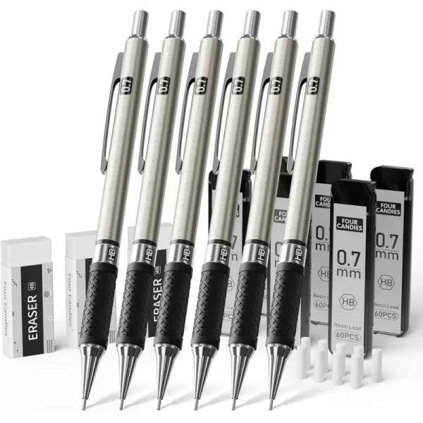 imageFour Candies Metal Mechanical Pencil Set  6PCS 09mm Art Mechanical Pencils ampamp 360PCS HB Lead Refills ampamp 3PCS Erasers ampamp 9PCS Eraser Refills Drawing Mechanical Pencils for Writing Sketching With Case07mm