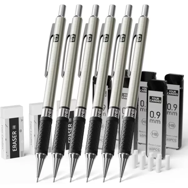 imageFour Candies Metal Mechanical Pencil Set  6PCS 09mm Art Mechanical Pencils ampamp 360PCS HB Lead Refills ampamp 3PCS Erasers ampamp 9PCS Eraser Refills Drawing Mechanical Pencils for Writing Sketching With Case09mm