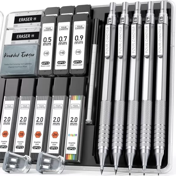 imageFour Candies Metal Mechanical Pencil Set 3PCS Art Drafting Pencils 05 07 09MM ampamp 2PCS 2MM Mechanical Drawing Pencils with 420PCS Leads 4B 2B HB 2H Color for Writing Sketching Drawing SilverSilver