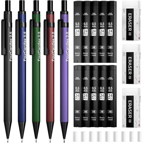 imageFour Candies Metal Mechanical Pencils 07mm with 2 Pencil Leads 07 Eraser Set and Eraser Refills 19Count Pack with Case Back to School Supplies for Writing Drawing Sketching05mm