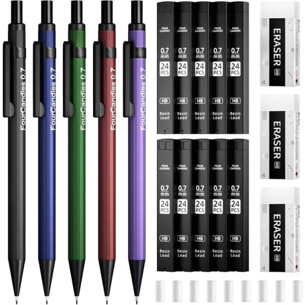 imageFour Candies Metal Mechanical Pencils 07mm with 2 Pencil Leads 07 Eraser Set and Eraser Refills 19Count Pack with Case Back to School Supplies for Writing Drawing Sketching07mm