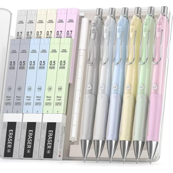 imageFour Candies Pastel Mechanical Pencil Set6PCS Cute Mechanical Pencils with 432PCS 05 ampamp 07 mm HB2B Leads 3PCS Erasers 9PCS Eraser RefillsSchool Supplies for Writing Drawing ampamp Sketching