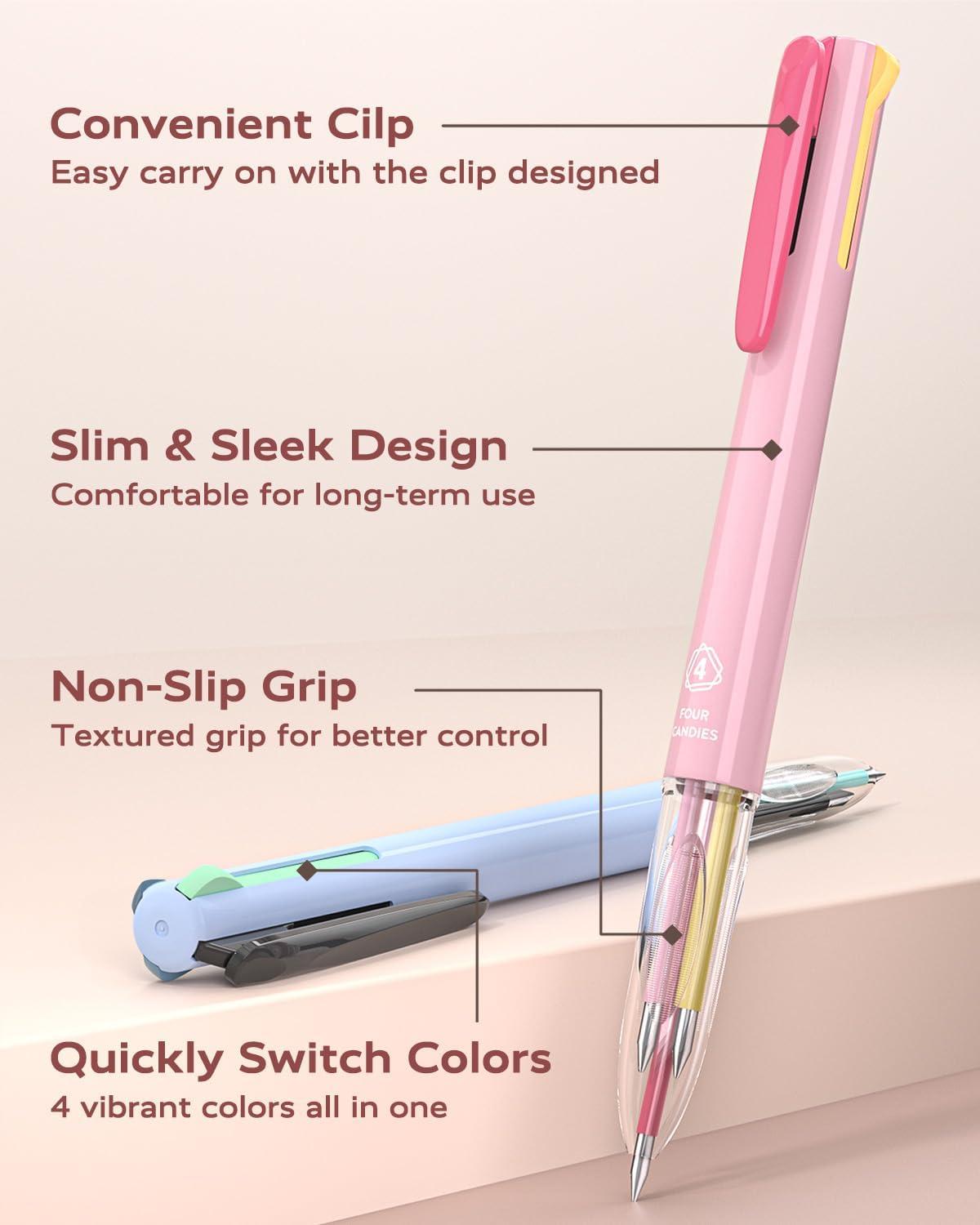 imageFour Candies 6 PCS Multicolor Pen 05mm Colored Pens 4in1 Multicolor Ink Pens 18 Colors Retractable Ink Pens for Office School Supplies