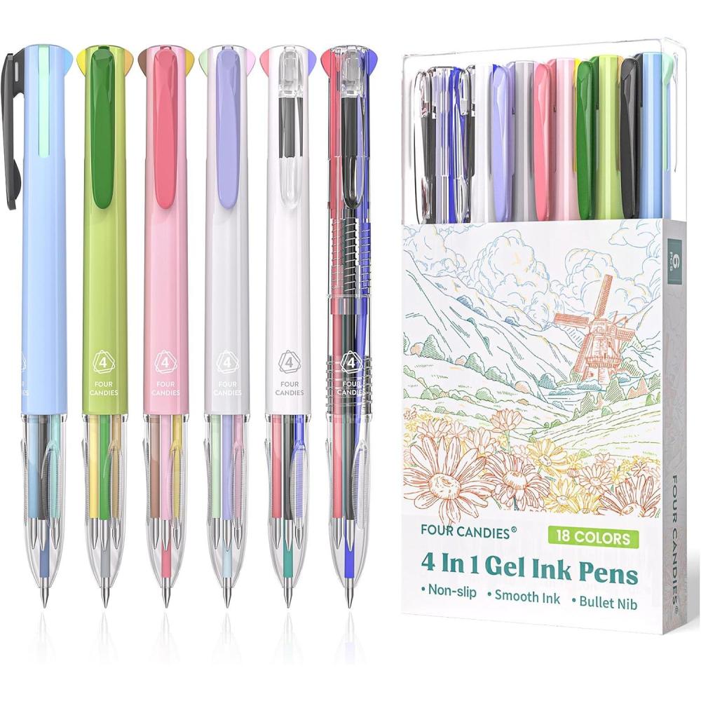 imageFour Candies 6 PCS Multicolor Pen 05mm Colored Pens 4in1 Multicolor Ink Pens 18 Colors Retractable Ink Pens for Office School Supplies