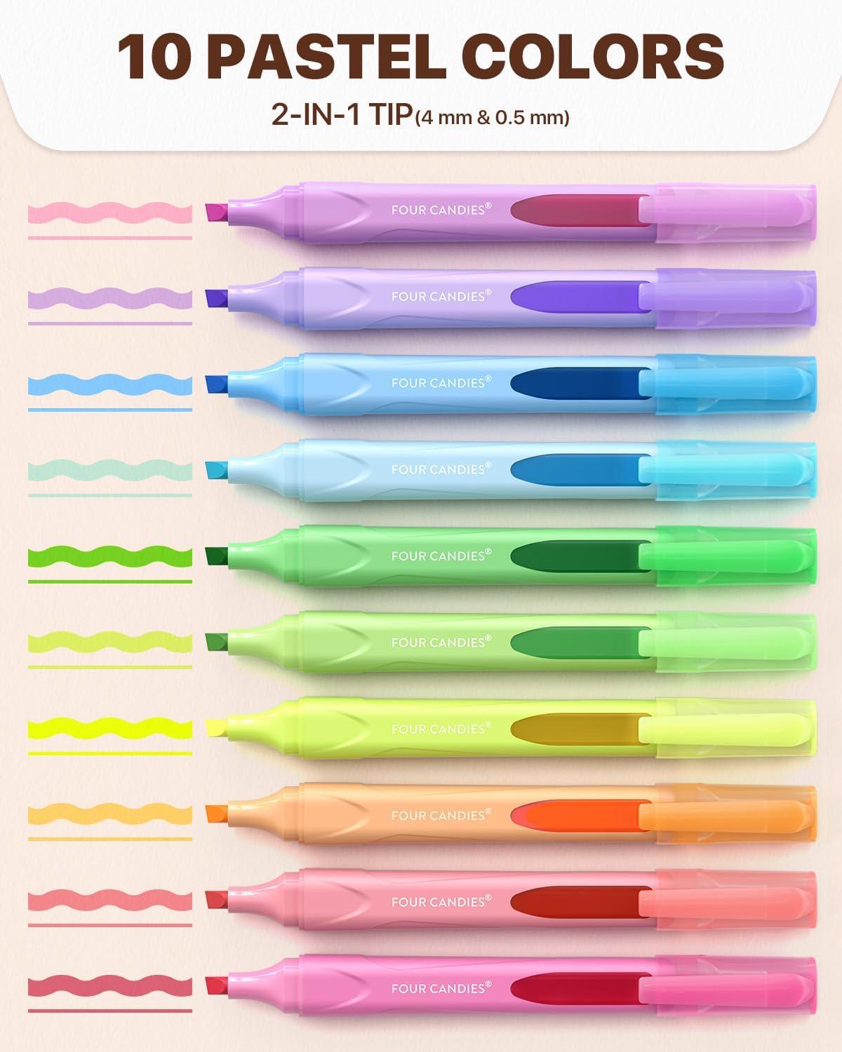 imageFour Candies Cute Pastel Highlighters 10 PCS Highlighters Assorted Colors Soft Chisel Tip Clear Ink View Aesthetic Highlighters Set for Organizing and Coloring