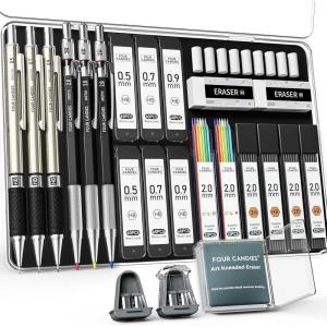 imageFour Candies 27PCS Art Mechanical Pencil Set with Case 4PCS Metal Drawing Pencil 03 05 07 09 mm ampamp 2PCS 2mm Lead Holder HB 2H 2B 4B Color with 552 Graphite Lead Refills for Drawing Sketching05mm07mm09mm20mm