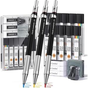 imageFour Candies 27PCS Art Mechanical Pencil Set with Case 4PCS Metal Drawing Pencil 03 05 07 09 mm ampamp 2PCS 2mm Lead Holder HB 2H 2B 4B Color with 552 Graphite Lead Refills for Drawing Sketching20MM