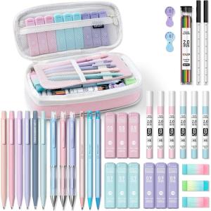 imageFour Candies 36PCS Aesthetic School Supplies Mechanical Pencil Set 05mm 07mm 09mm ampamp 20mm with 624 Lead Refills Back to School Supplies for Writing ampamp Drawing Ideal Stationary Set Gift BluePink