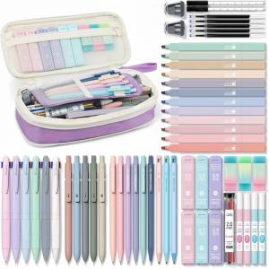 imageFour Candies 56 PCS Aesthetic School Supplies with Cute Pencil Case 6 Multicolor Pen 12 Pastel Highlighters 5 Gel Pens Black Ink 9 Mechanical Pencils for Student Stationary Set Preppy Stuff BluePurple