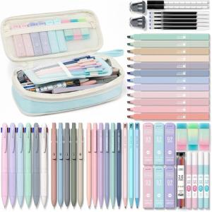 imageFour Candies 56 PCS Aesthetic School Supplies with Cute Pencil Case 6 Multicolor Pen 12 Pastel Highlighters 5 Gel Pens Black Ink 9 Mechanical Pencils for Student Stationary Set Preppy Stuff BlueBlue