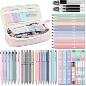 imageFour Candies 56 PCS Aesthetic School Supplies with Cute Pencil Case 6 Multicolor Pen 12 Pastel Highlighters 5 Gel Pens Black Ink 9 Mechanical Pencils for Student Stationary Set Preppy Stuff BluePink