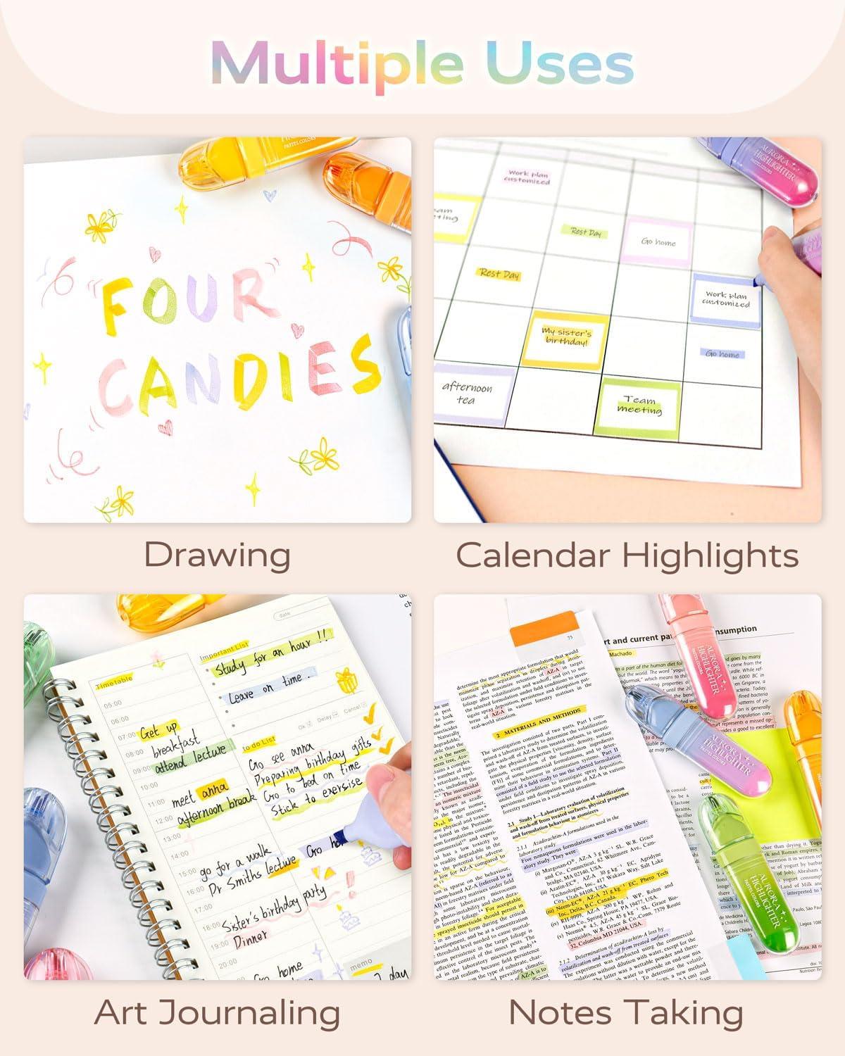 imageFour Candies 8 Pcs Highlighters Assorted Colors Cute Pastel Highlighter Set Dry Quickly Soft Chisel Tip Bible Highlighter for No Bleed Back to School SuppliesAesthetic Highlighters for Office