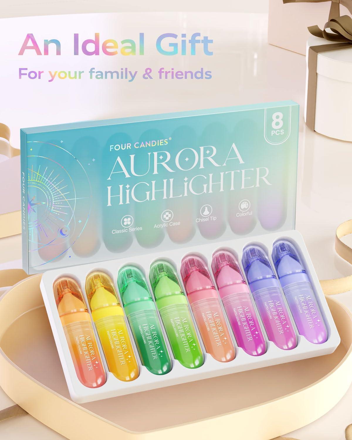 imageFour Candies 8 Pcs Highlighters Assorted Colors Cute Pastel Highlighter Set Dry Quickly Soft Chisel Tip Bible Highlighter for No Bleed Back to School SuppliesAesthetic Highlighters for Office
