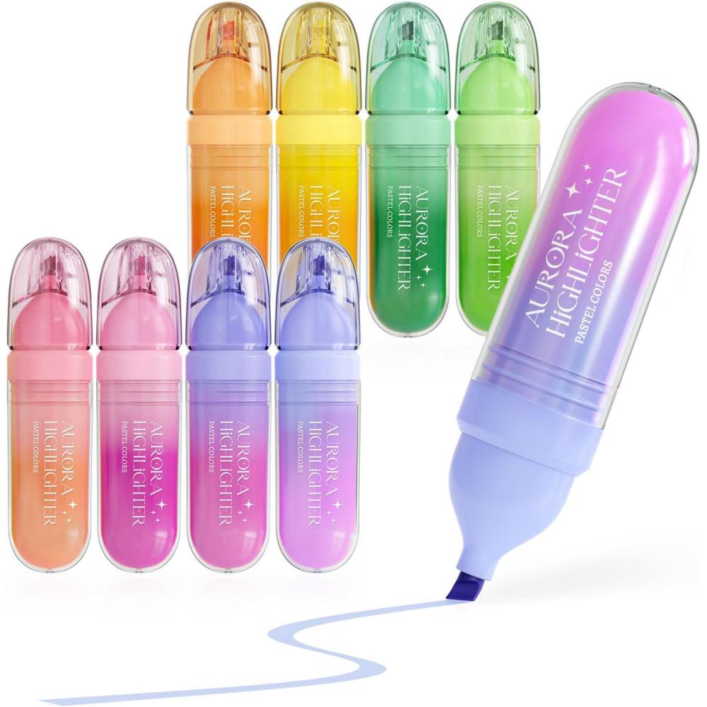 imageFour Candies 8 Pcs Highlighters Assorted Colors Cute Pastel Highlighter Set Dry Quickly Soft Chisel Tip Bible Highlighter for No Bleed Back to School SuppliesAesthetic Highlighters for Office
