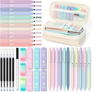 imageFour Candies 39 PCS Cute School Supplies with Pen Case for Girls  5 Black Ink Gel Pens 12 Pastel Highlighters 6 Aesthetic Mechanical Pencils Set for Stationary College Essentials CreamCream