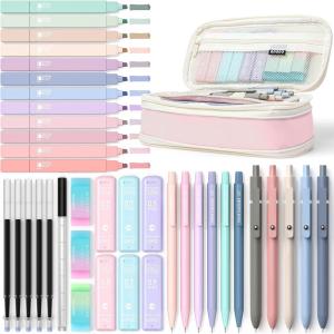 imageFour Candies 39 PCS Cute School Supplies with Pen Case for Girls  5 Black Ink Gel Pens 12 Pastel Highlighters 6 Aesthetic Mechanical Pencils Set for Stationary College Essentials CreamPink