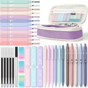 imageFour Candies 39 PCS Cute School Supplies with Pen Case for Girls  5 Black Ink Gel Pens 12 Pastel Highlighters 6 Aesthetic Mechanical Pencils Set for Stationary College Essentials CreamPurple
