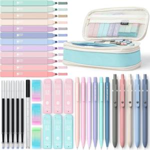 imageFour Candies 39 PCS Cute School Supplies with Pen Case for Girls  5 Black Ink Gel Pens 12 Pastel Highlighters 6 Aesthetic Mechanical Pencils Set for Stationary College Essentials CreamBlue