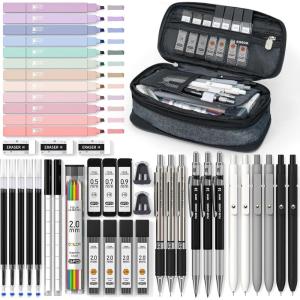 imageFour Candies 39 PCS Cute School Supplies with Pen Case for Girls  5 Black Ink Gel Pens 12 Pastel Highlighters 6 Aesthetic Mechanical Pencils Set for Stationary College Essentials CreamBlack
