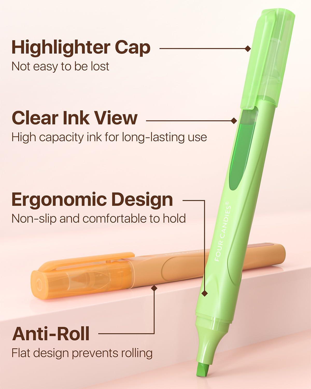 imageFour Candies Highlighters Assorted Colors Liquid Highlighter with Clear View Design Soft Chisel Tip Classic Colors 10 Pcs No Bleed Cute Bible Highlighters