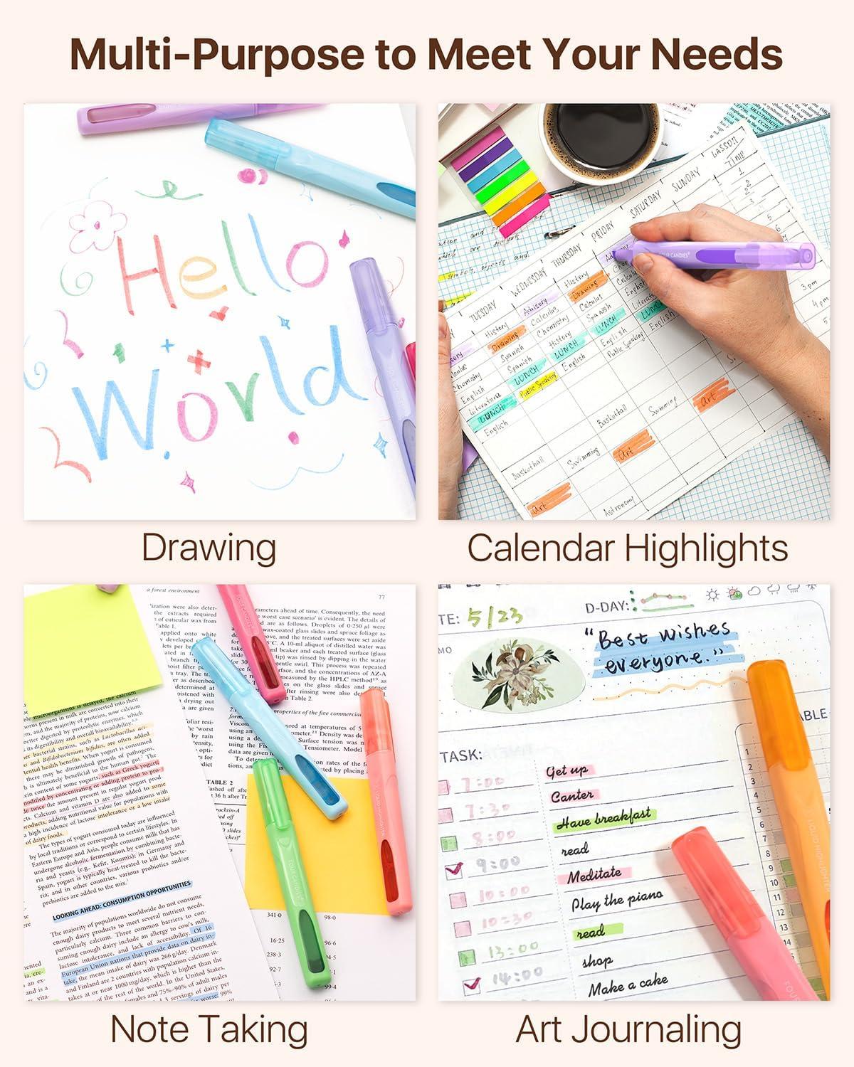 imageFour Candies Highlighters Assorted Colors Liquid Highlighter with Clear View Design Soft Chisel Tip Classic Colors 10 Pcs No Bleed Cute Bible Highlighters