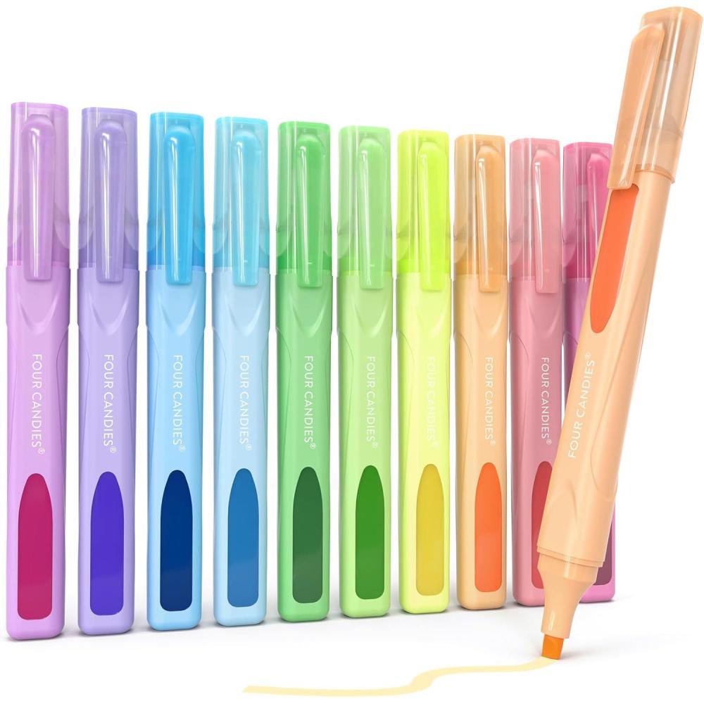 imageFour Candies Highlighters Assorted Colors Liquid Highlighter with Clear View Design Soft Chisel Tip Classic Colors 10 Pcs No Bleed Cute Bible Highlighters