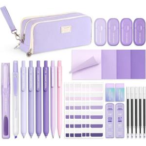 imageFour Candies Aesthetic School Supplies 4 Gel Pens with Black Ink 4 Correction Tape 2 Pastel Highlighters 2 Mechanical Pencils Sticky Notes Index Post for Back to School Supplies with Case BluePurple