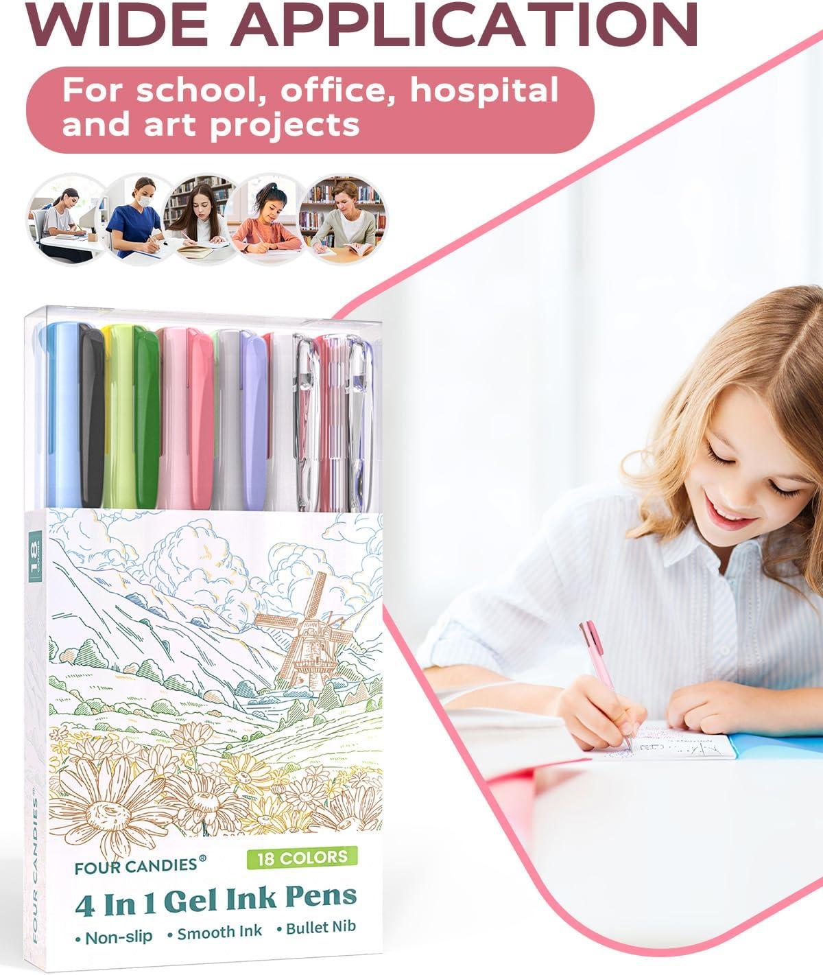 imageFour Candies Multicolor Pens 4in1 Colored Ballpoint Pen 05mm Quick Dry Black Ink Pens Fine Point Smooth Writing Pens Cute Nurse Pens for Work 18 Colors 6PCS