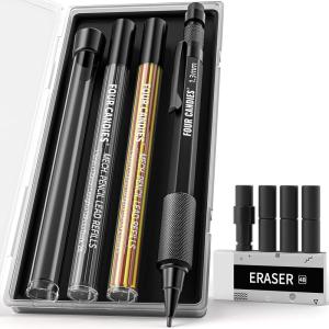 imageFour Candies 13mm Mechanical Pencil Set with 72 Lead Refills 3PCS Metal Weatherproof Body Heavy Duty Carpenter Pencil 3 Eraser 16 Eraser Refills for Outdoor Woodworking Drafting Marking with Case1Pack