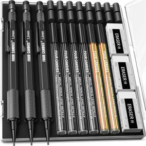 imageFour Candies 13mm Mechanical Pencil Set with 72 Lead Refills 3PCS Metal Weatherproof Body Heavy Duty Carpenter Pencil 3 Eraser 16 Eraser Refills for Outdoor Woodworking Drafting Marking with Case3Pack